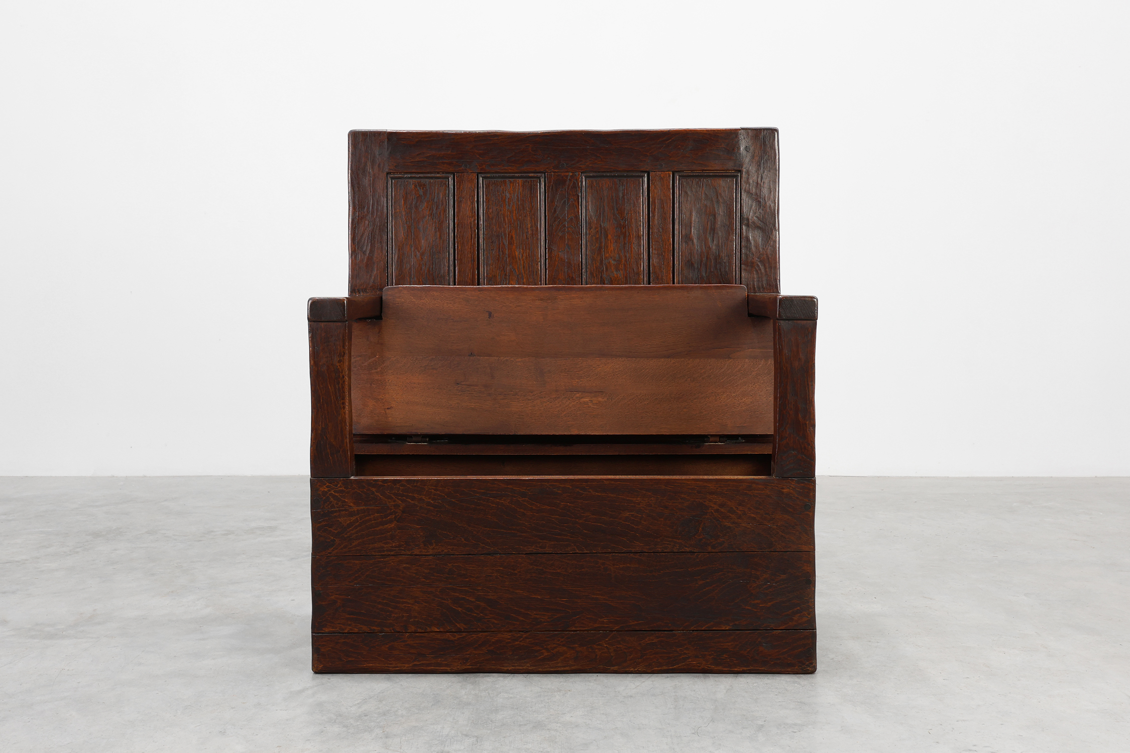 Rustic solid oak carved bench with storage compartment, France 19th centurythumbnail